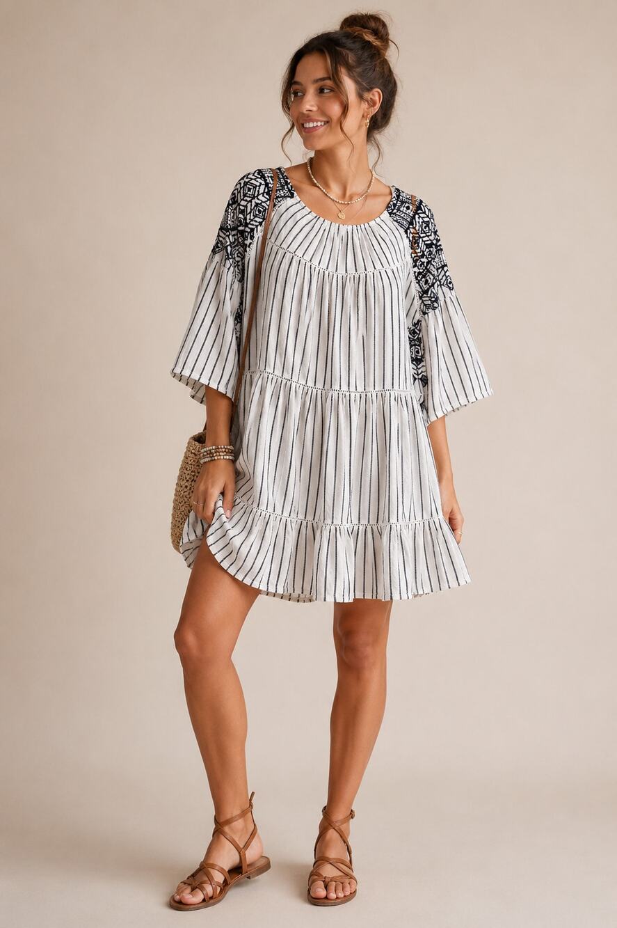 Free People Lola Embroidered Mini Dress Boho Stripe Tassel Size Small